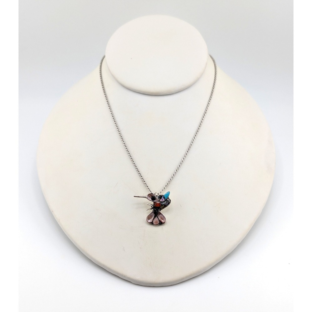 Zuni Multi Stone Hummingbird Inlay Sterling Silver Native American‎ Pendant **